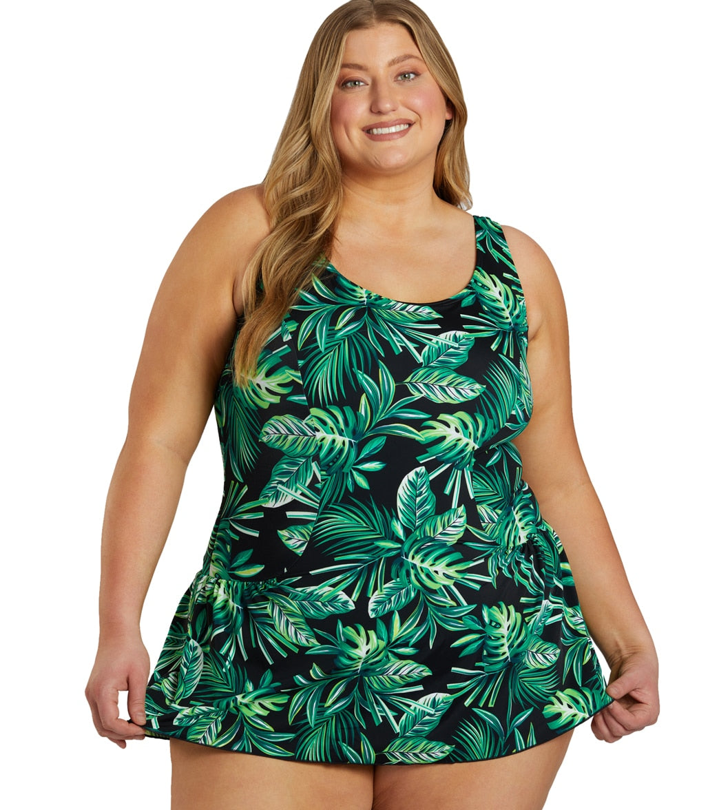 Sporti Plus Size Tropical Palm Leaf Swim Dress