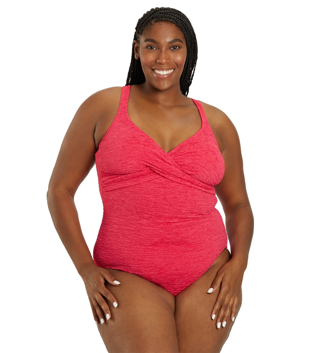 Penbrooke Krinkle Women's Plus Size Chlorine Resistant Long Torso One Piece Swimsuit