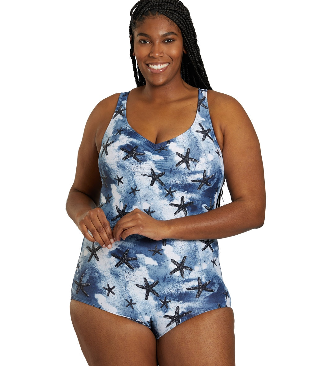 Sporti Plus Size Sanibel Island Conservative Printed Girl Leg One Piece Swimsuit