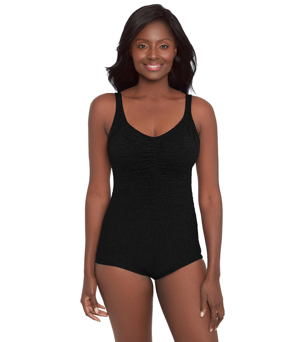 Krinkle by Penbrooke Women's Krinkle Chlorine Resistant Shirred Front Girl Leg One Piece Swimsuit