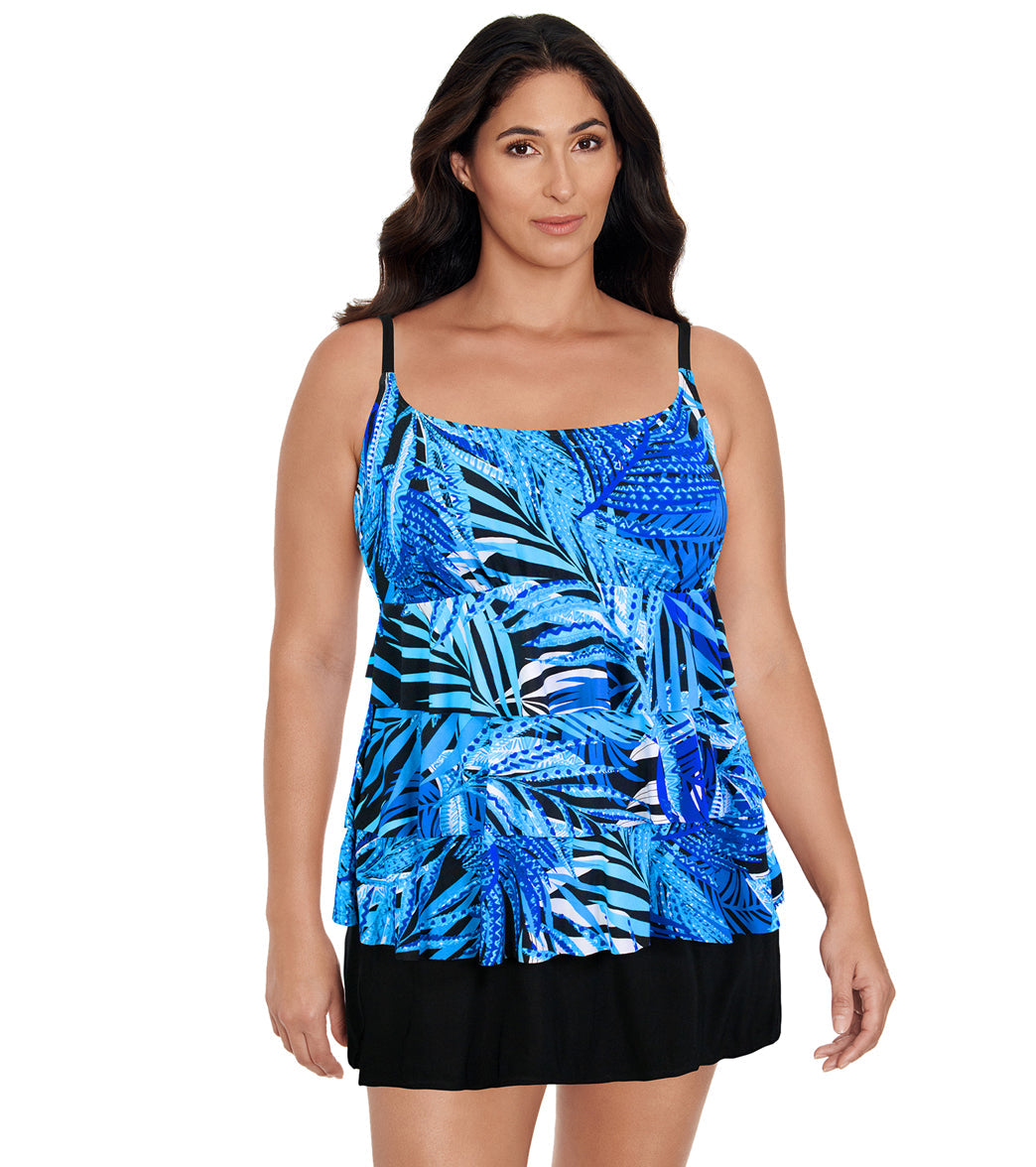 Longitude Women's Jungle Boogie Ruffle Faux Skirtini Long One Piece Swimsuit