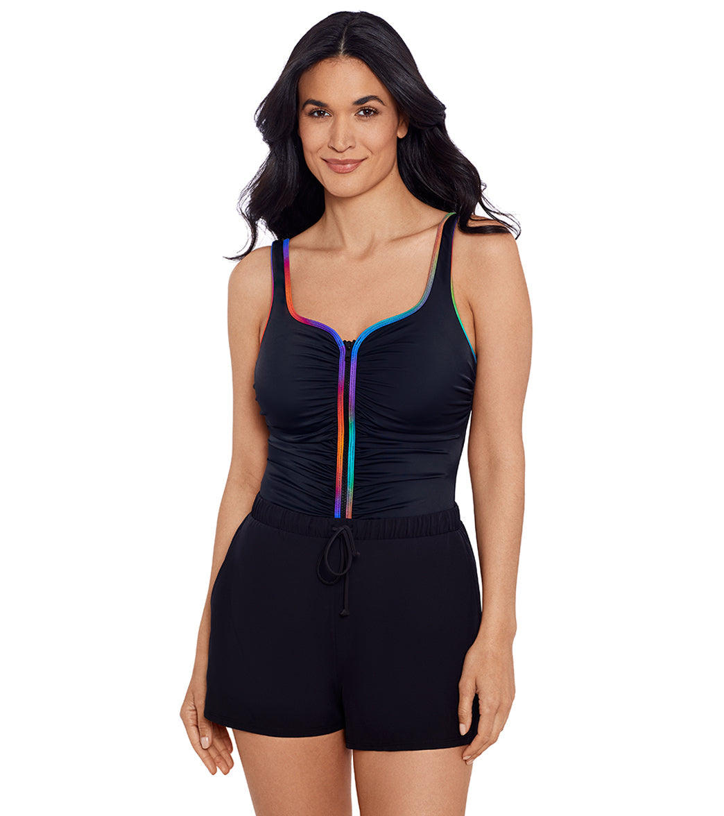 Shape Solver SPORT Women's Colorful Behavior Shirred Zipper Swim Romper