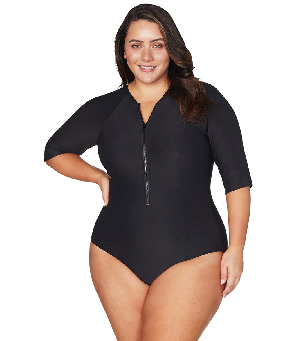 Artesands Woman's Plus Size Hues Sunsafe Mid Length Sleeve One Piece Swimsuit