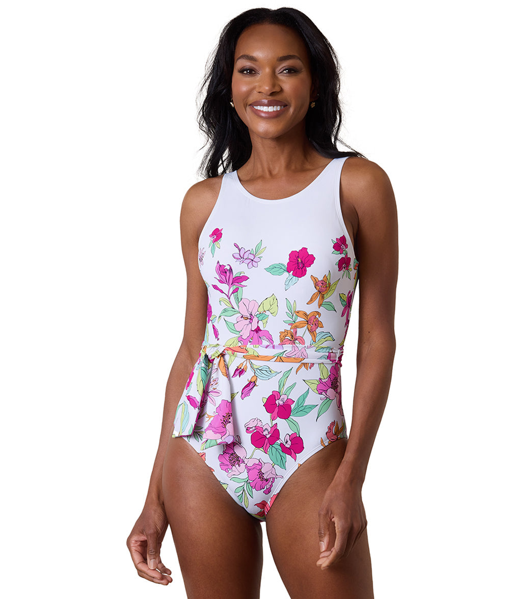 Tommy Bahama Women's Summer Floral Belted High Neck One Piece Swimsuit