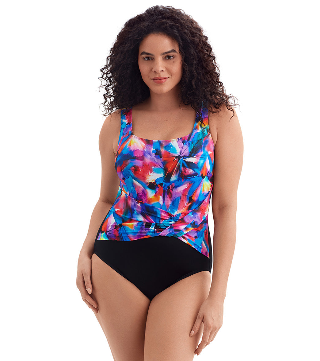 Longitude Women's Brushpainter Twist Pull Sash Tank Long Torso One Piece Swimsuit