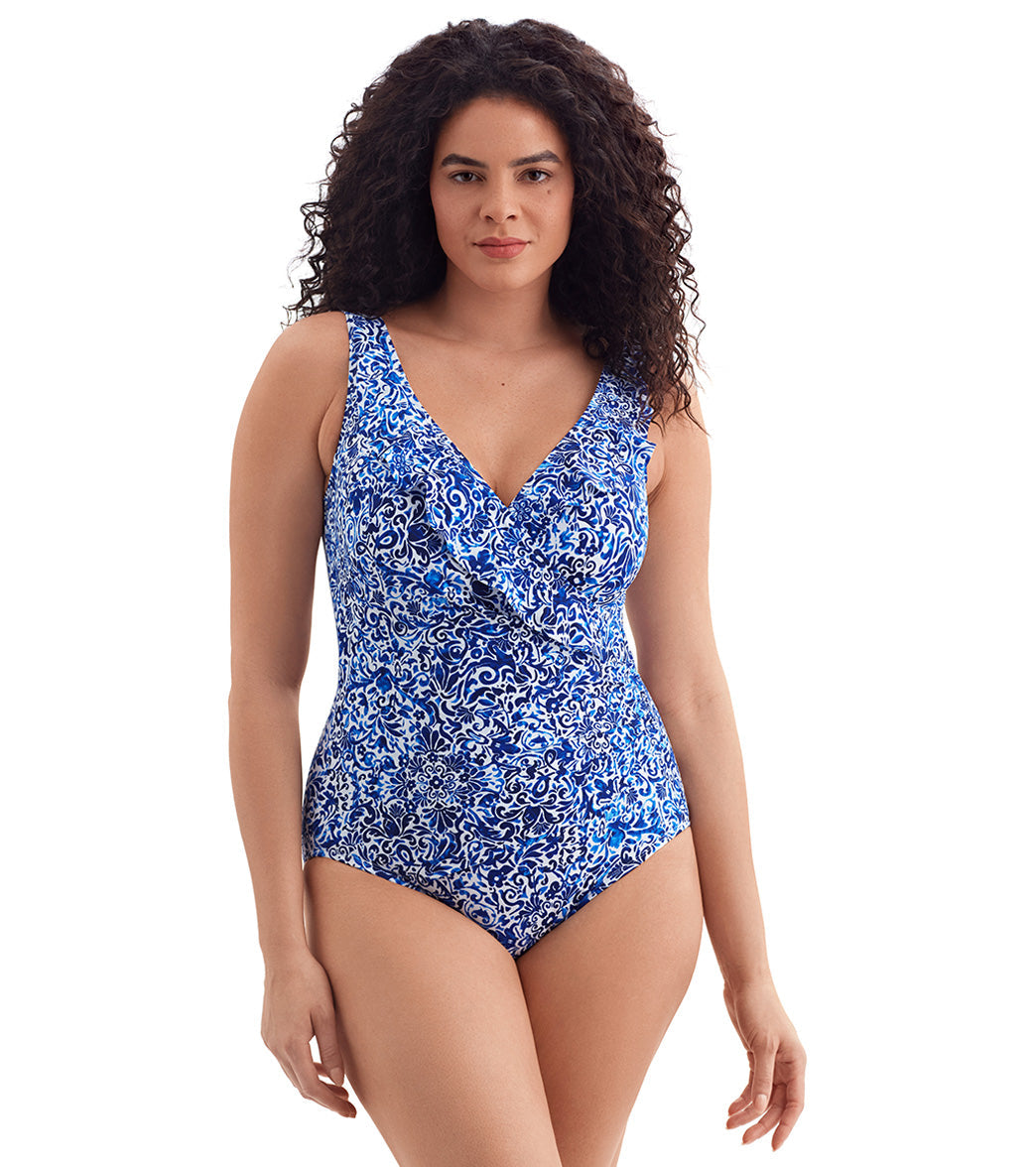 Longitude Women's Fine China Ruffle Front Surplice Long Torso One Piece Swimsuit