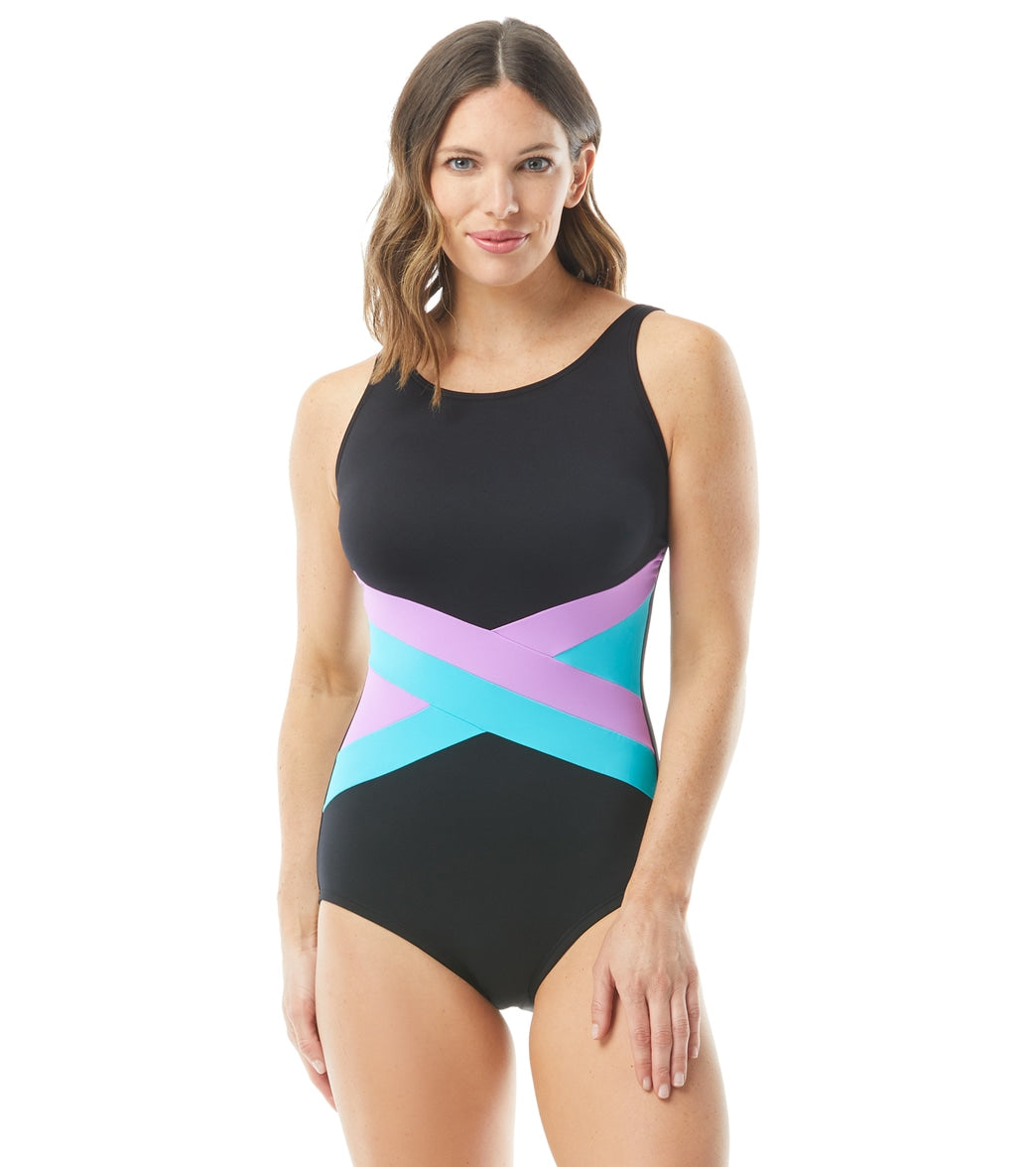 Gabar Women's Mastectomy Chlorine Resistant Color Blocked High Neck One Piece Swimsuit (D Cup)