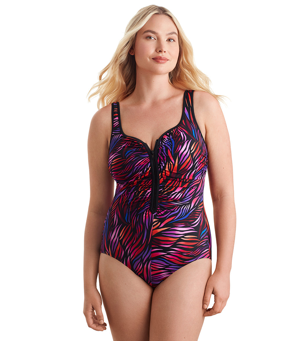 Shape Solver SPORT Women's Shirred Zipper Tank One Piece Swimsuit
