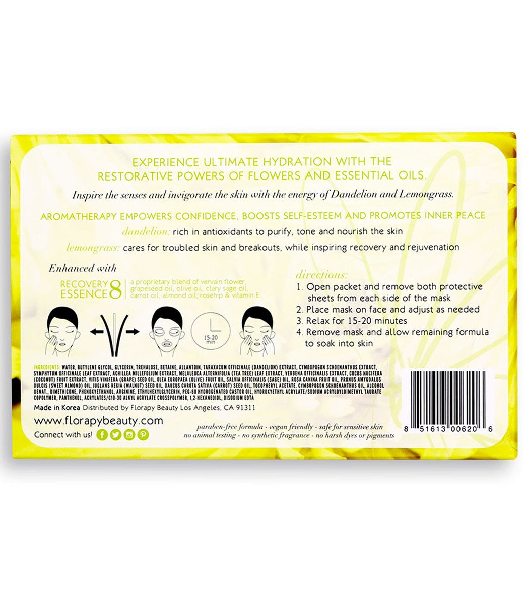 Florapy Clear Complexion Aromatherapy Sheet Mask 5 Count, Dandelion Lemongrass