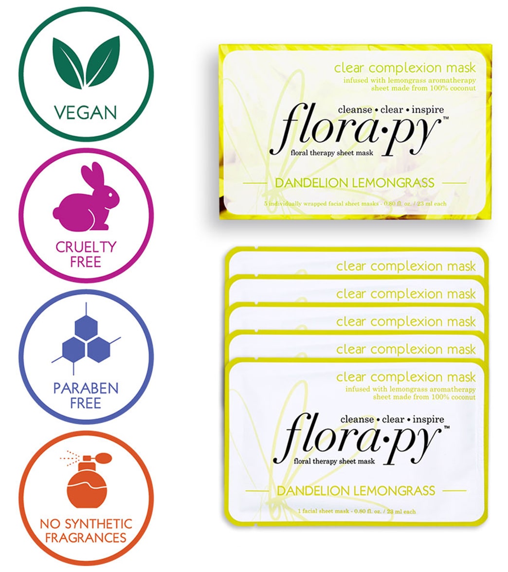 Florapy Clear Complexion Aromatherapy Sheet Mask 5 Count, Dandelion Lemongrass