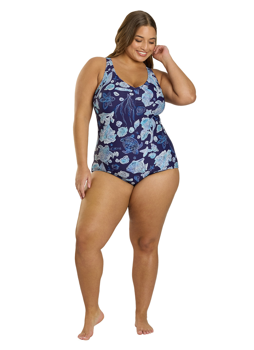 Sporti Plus Size Neptune's Reef Conservative Printed Girl Leg One Piece Swimsuit