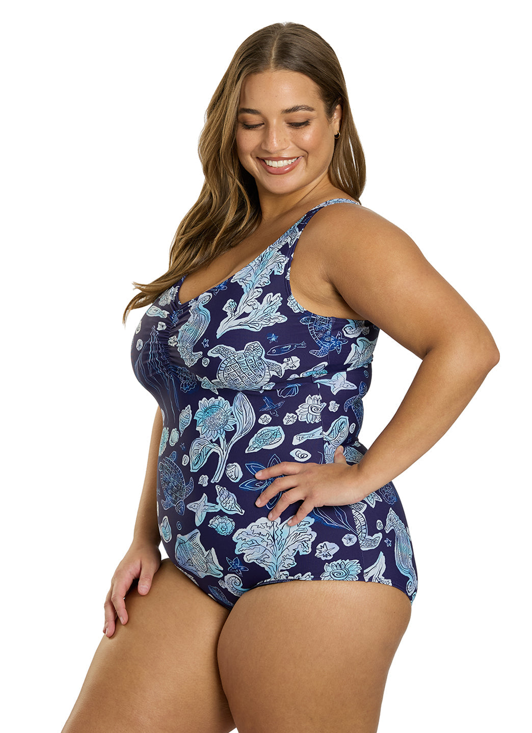 Sporti Plus Size Neptune's Reef Conservative Printed Girl Leg One Piece Swimsuit