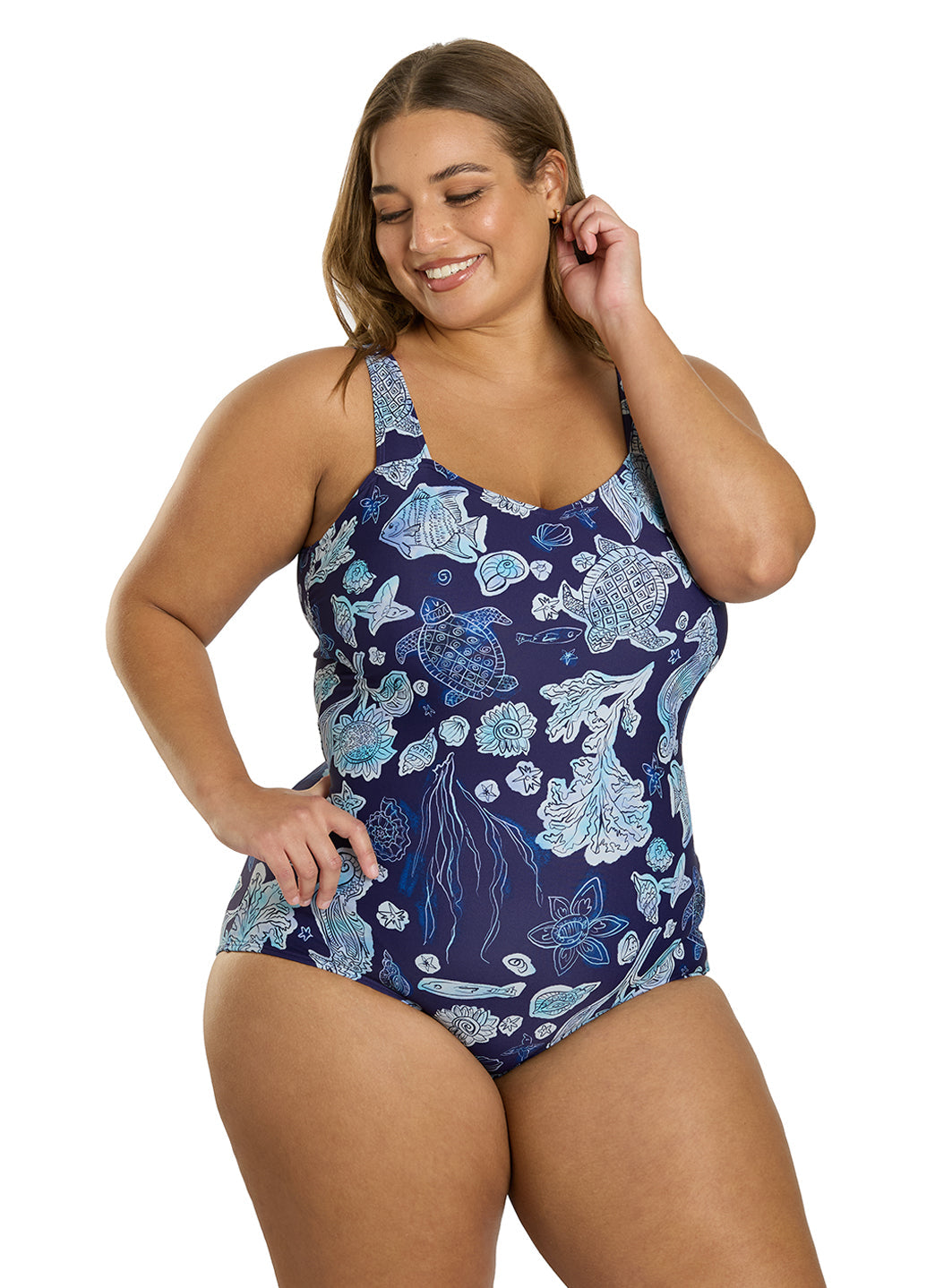 Sporti Plus Size Neptune's Reef Moderate Printed Sweetheart One Piece Swimsuit
