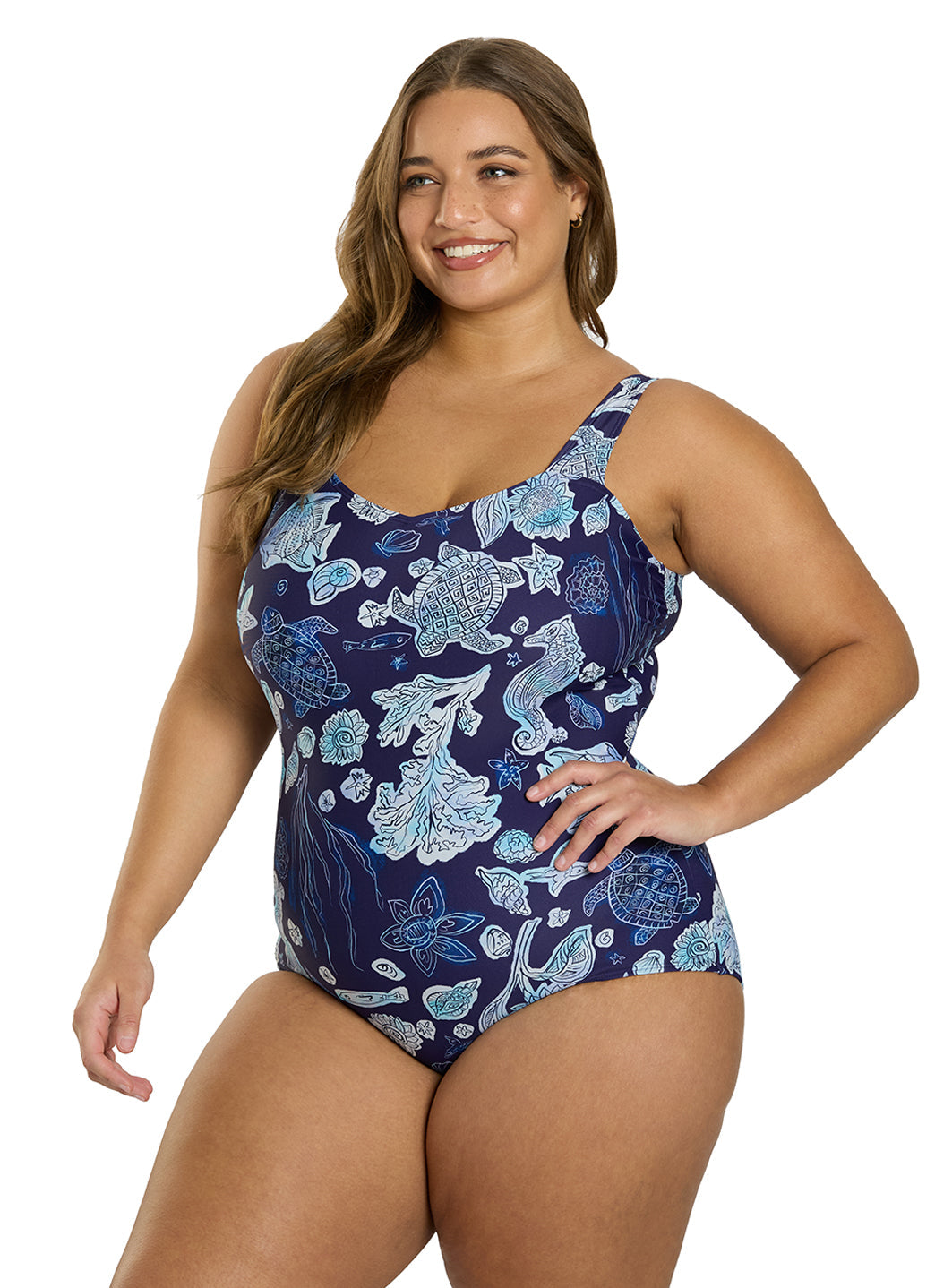 Sporti Plus Size Neptune's Reef Moderate Printed Sweetheart One Piece Swimsuit