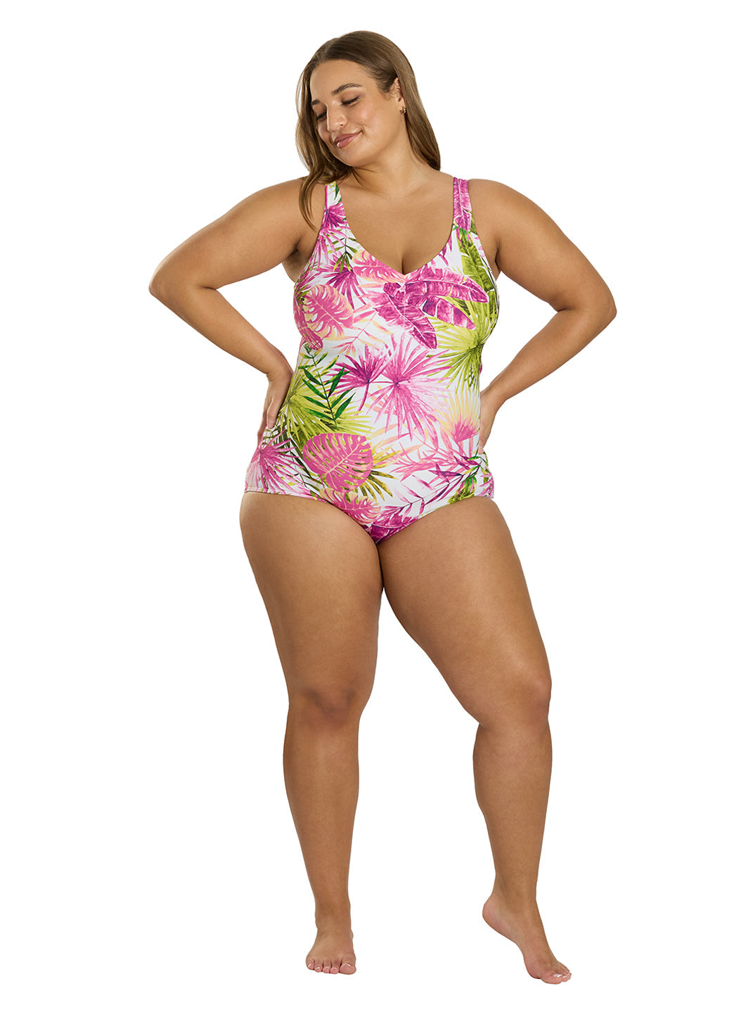 Sporti Plus Size Palm Royale Conservative Printed Girl Leg One Piece Swimsuit