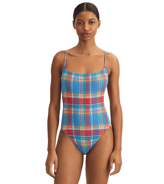 Polo Ralph Lauren Women's Smocked Madras Kennedy One Piece Swimsuit
