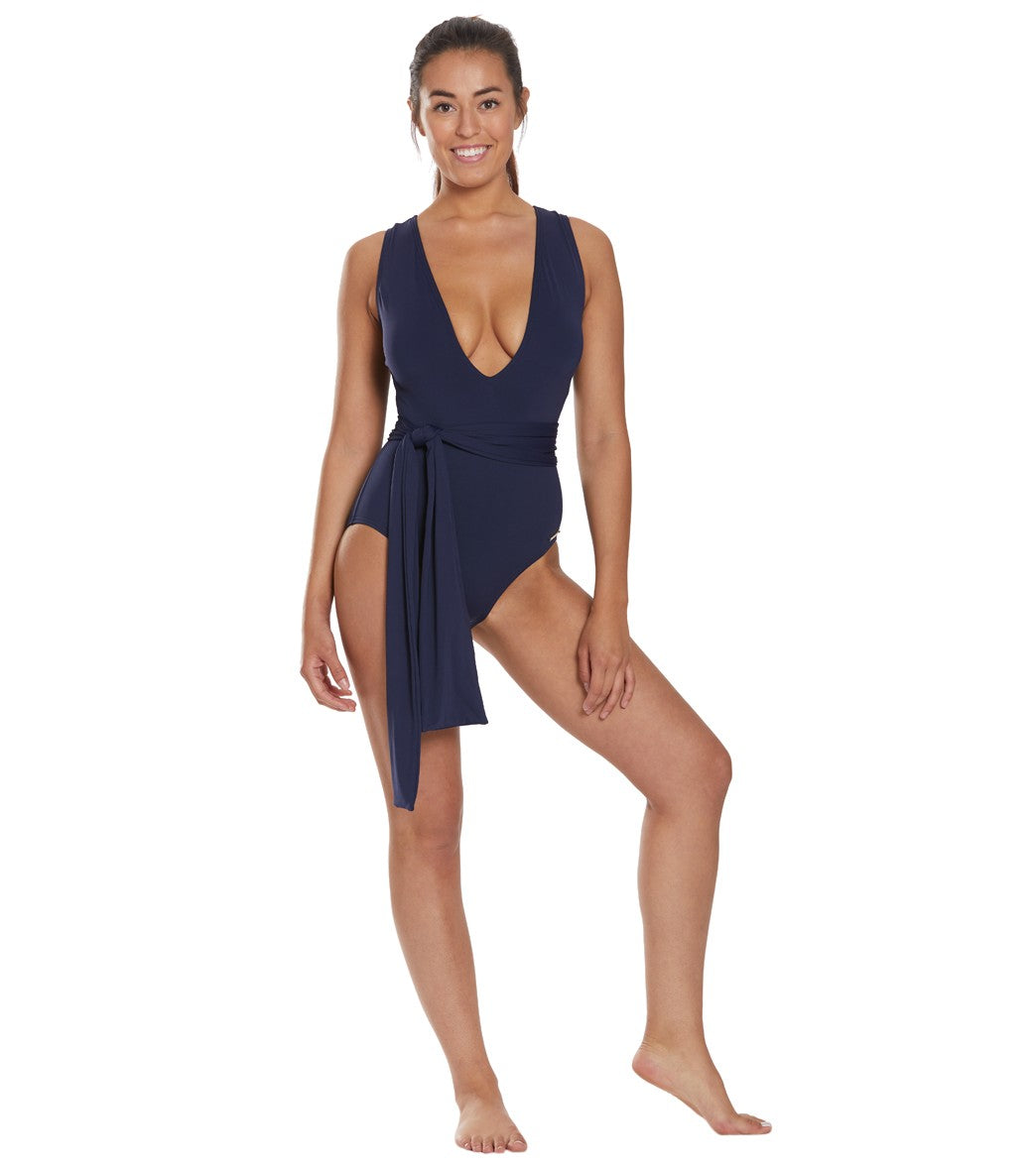 Vince Camuto Tropic Tones Belted Plunge One Piece Swimsuit