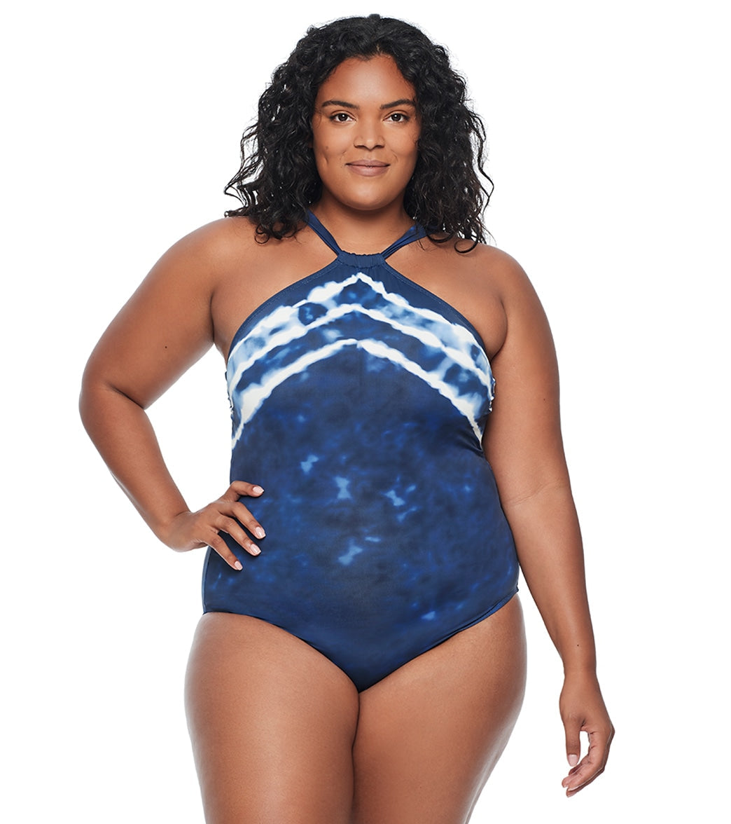 Lauren Ralph Lauren Women's Plus Size Shoreline Stripe High Neck One Piece Swimsuit