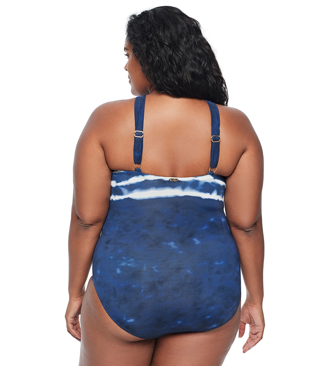 Lauren Ralph Lauren Women's Plus Size Shoreline Stripe High Neck One Piece Swimsuit