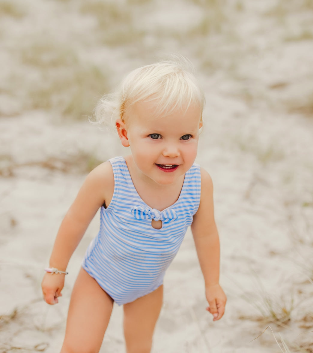 Snapper Rock Girls' Powder Blue Sustainable Stripe Bow Swimsuit (Baby, Toddler)