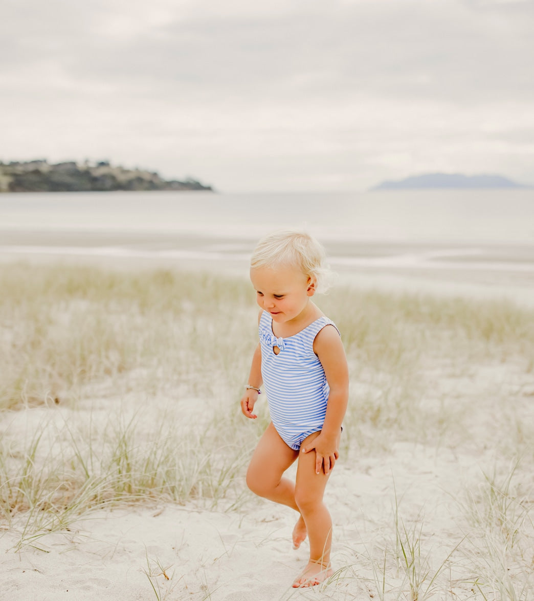 Snapper Rock Girls' Powder Blue Sustainable Stripe Bow Swimsuit (Baby, Toddler)
