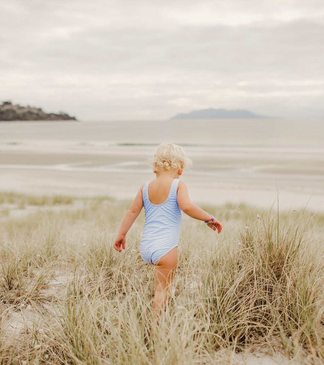 Snapper Rock Girls' Powder Blue Sustainable Stripe Bow Swimsuit (Baby, Toddler)
