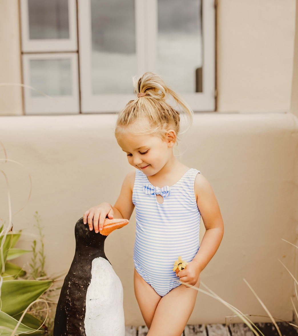 Snapper Rock Girls' Powder Blue Sustainable Stripe Bow Swimsuit (Baby, Toddler)