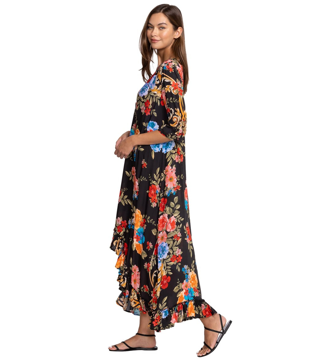 Johnny Was Women's Black Royal Print Long Ruffle Kimono