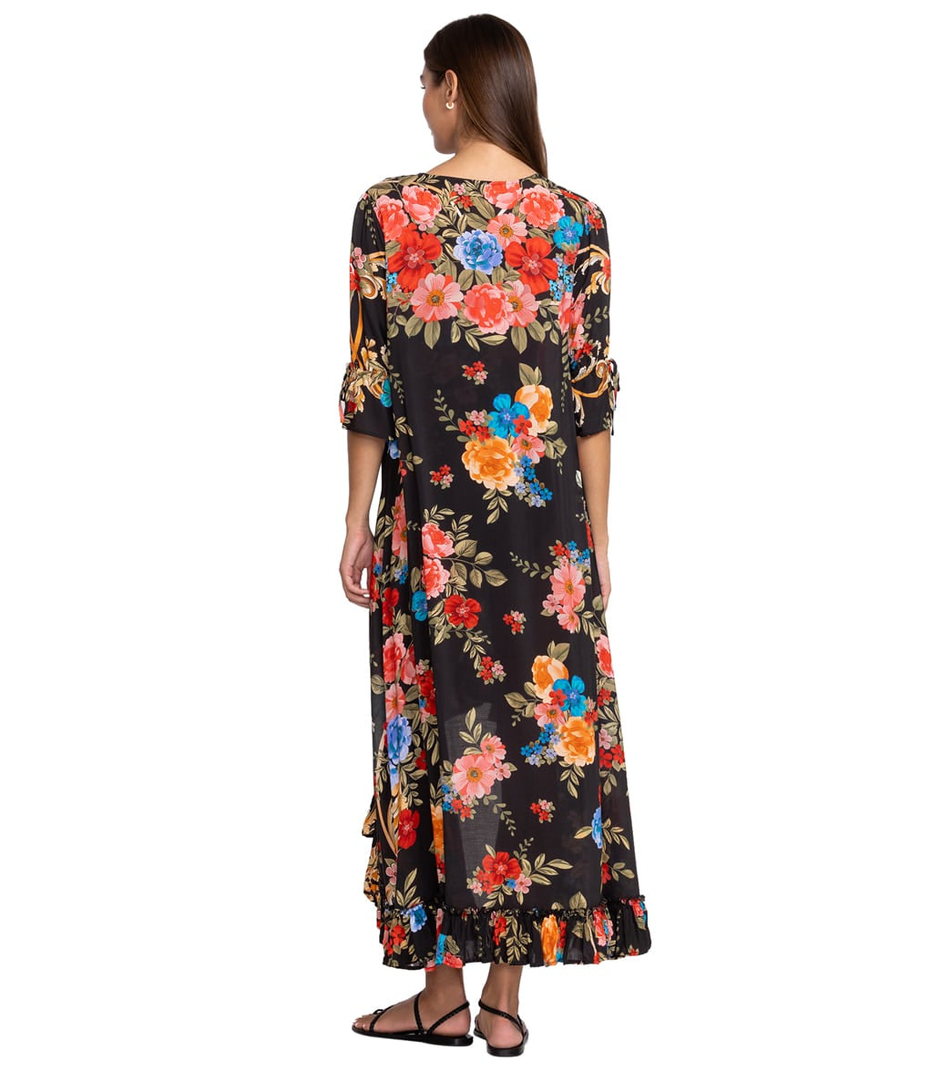Johnny Was Women's Black Royal Print Long Ruffle Kimono