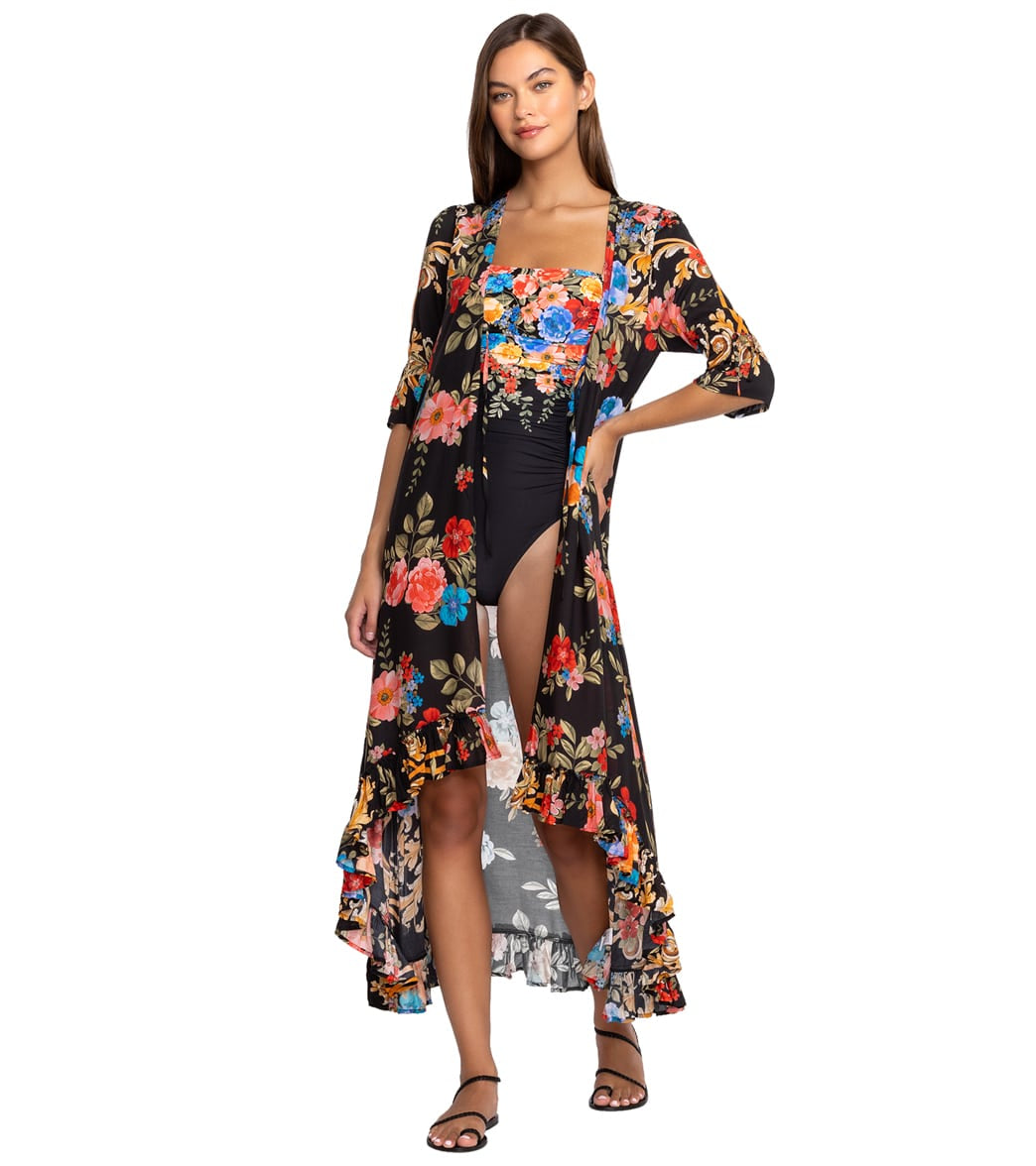 Johnny Was Women's Black Royal Print Long Ruffle Kimono