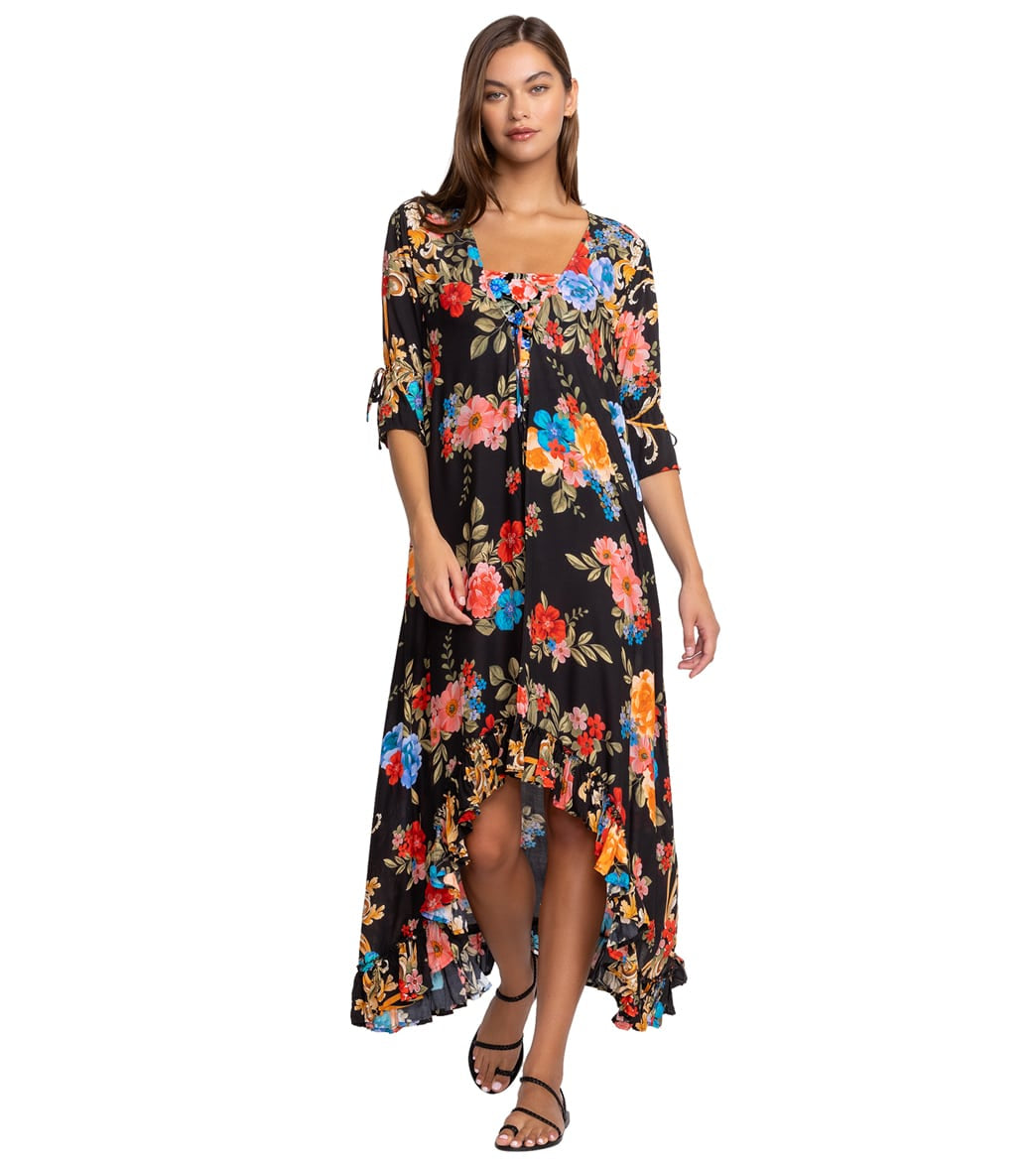 Johnny Was Women's Black Royal Print Long Ruffle Kimono