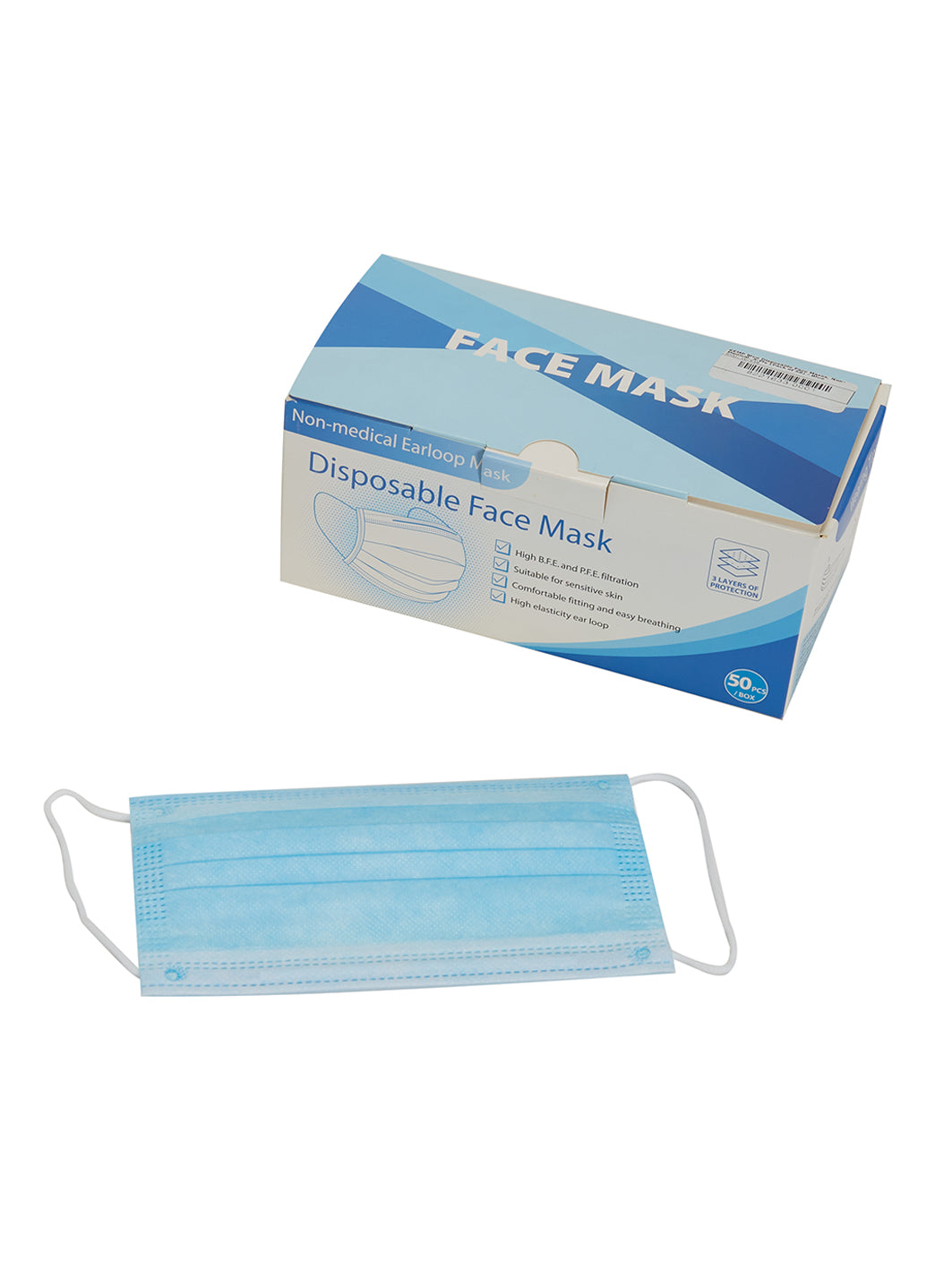 KEMP Blue Disposable Face Masks, Non-Medical, 3-Ply (Pack of 50)