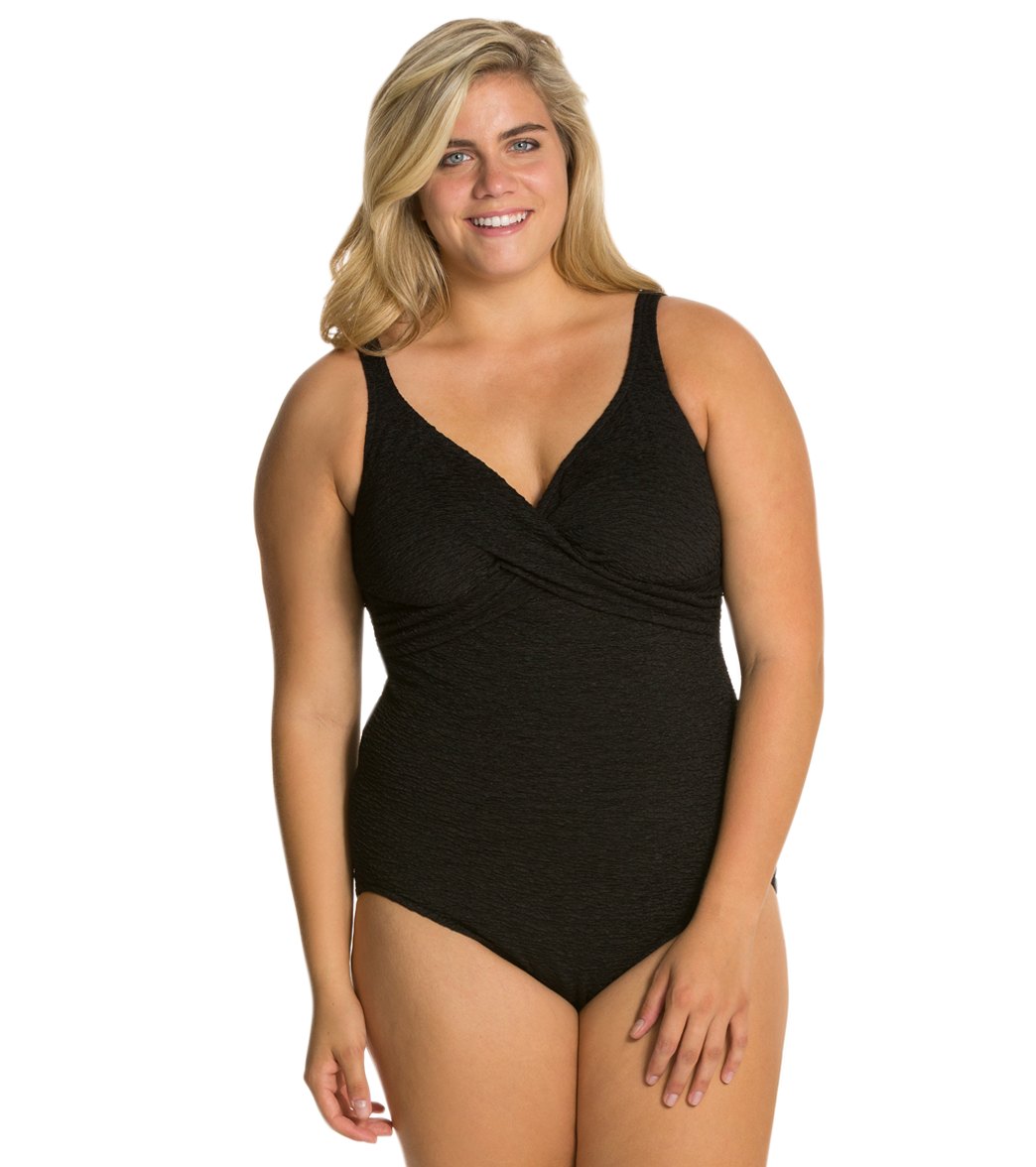 Penbrooke Krinkle Plus Size Chlorine Resistant One Piece Cross Over Swimsuit