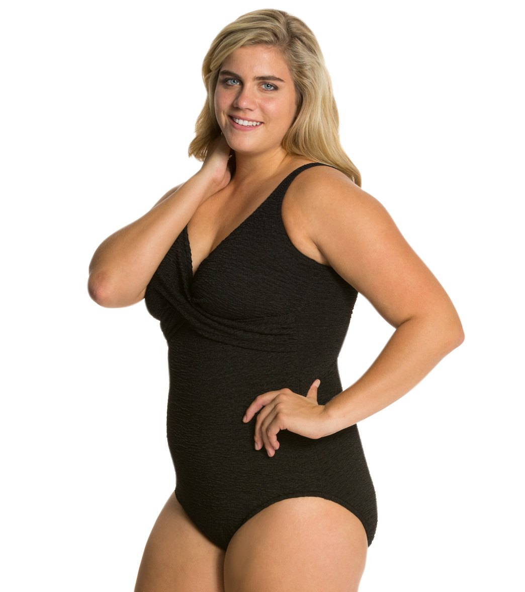 Penbrooke Krinkle Plus Size Chlorine Resistant One Piece Cross Over Swimsuit