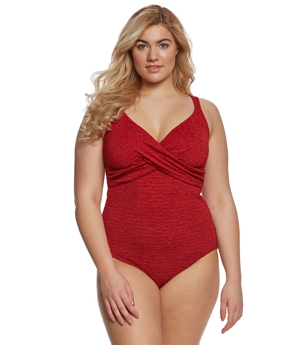 Penbrooke Krinkle Plus Size Chlorine Resistant One Piece Cross Over Swimsuit