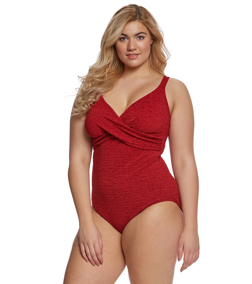 Penbrooke Krinkle Plus Size Chlorine Resistant One Piece Cross Over Swimsuit
