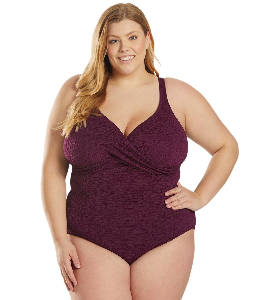 Penbrooke Krinkle Plus Size Chlorine Resistant One Piece Cross Over Swimsuit
