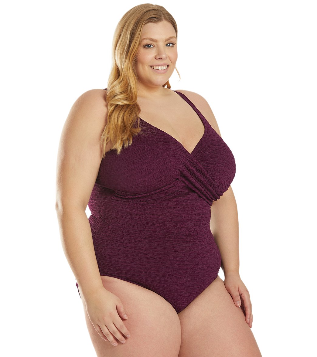 Penbrooke Krinkle Plus Size Chlorine Resistant One Piece Cross Over Swimsuit