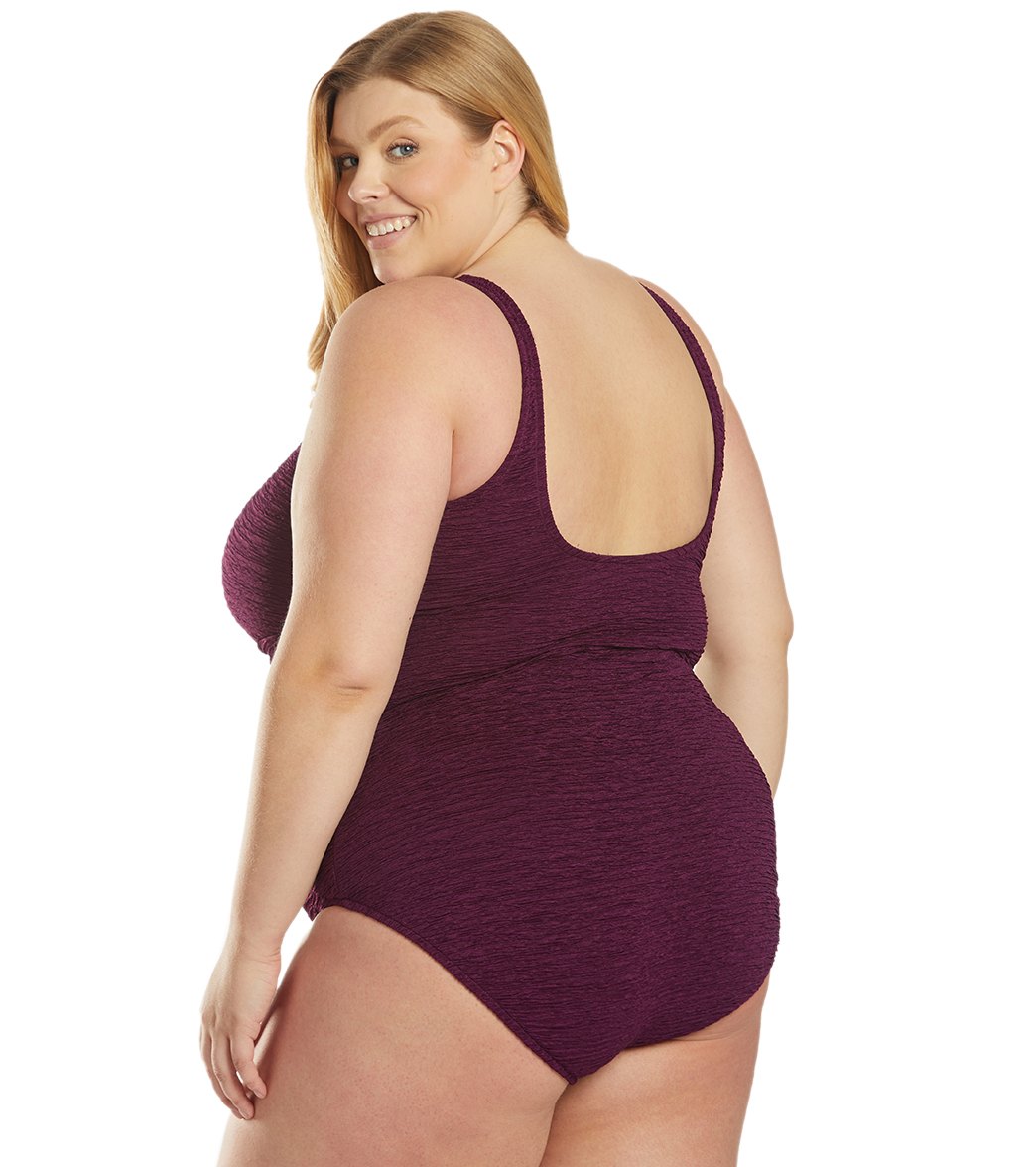 Penbrooke Krinkle Plus Size Chlorine Resistant One Piece Cross Over Swimsuit