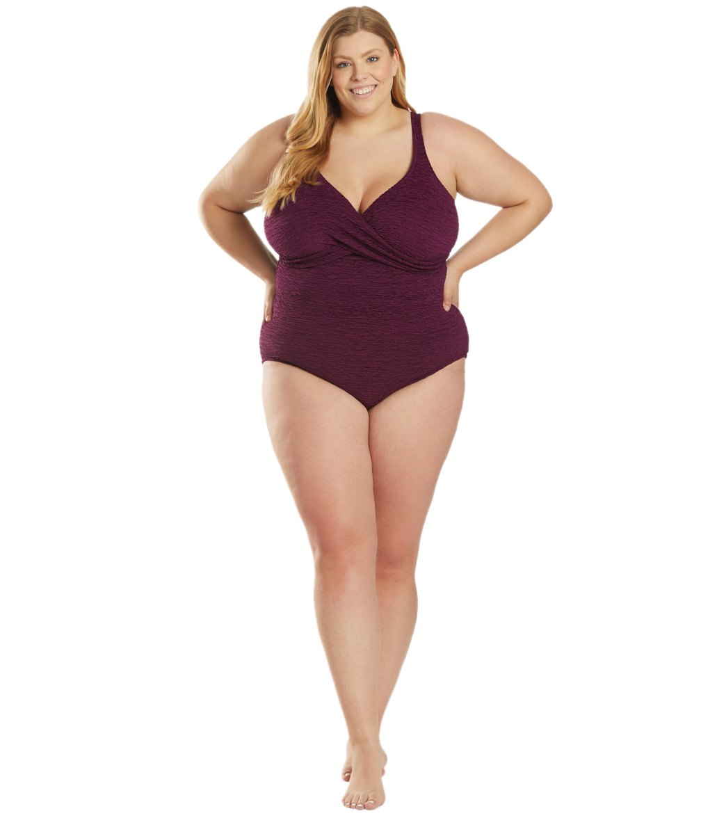 Penbrooke Krinkle Plus Size Chlorine Resistant One Piece Cross Over Swimsuit