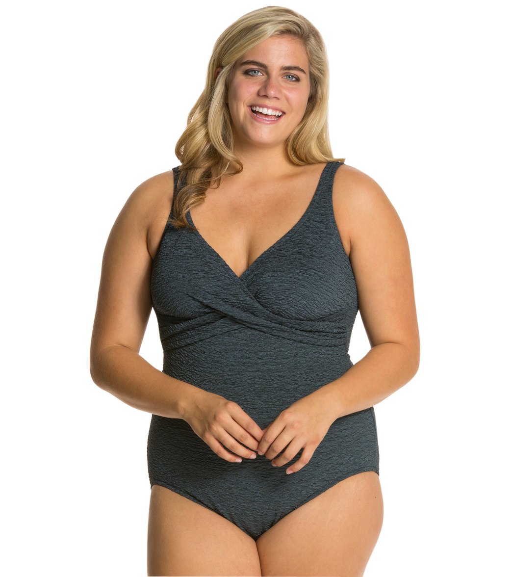 Penbrooke Krinkle Plus Size Chlorine Resistant One Piece Cross Over Swimsuit