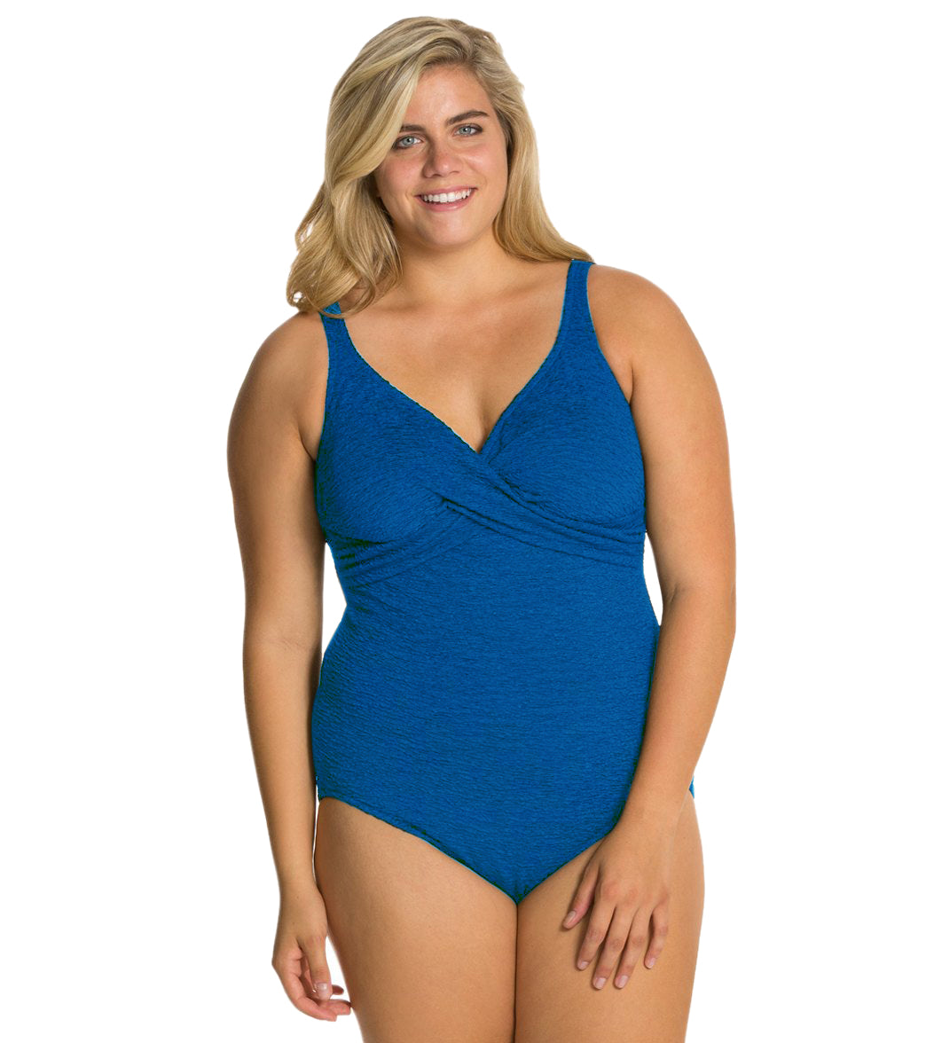 Penbrooke Krinkle Plus Size Chlorine Resistant One Piece Cross Over Swimsuit