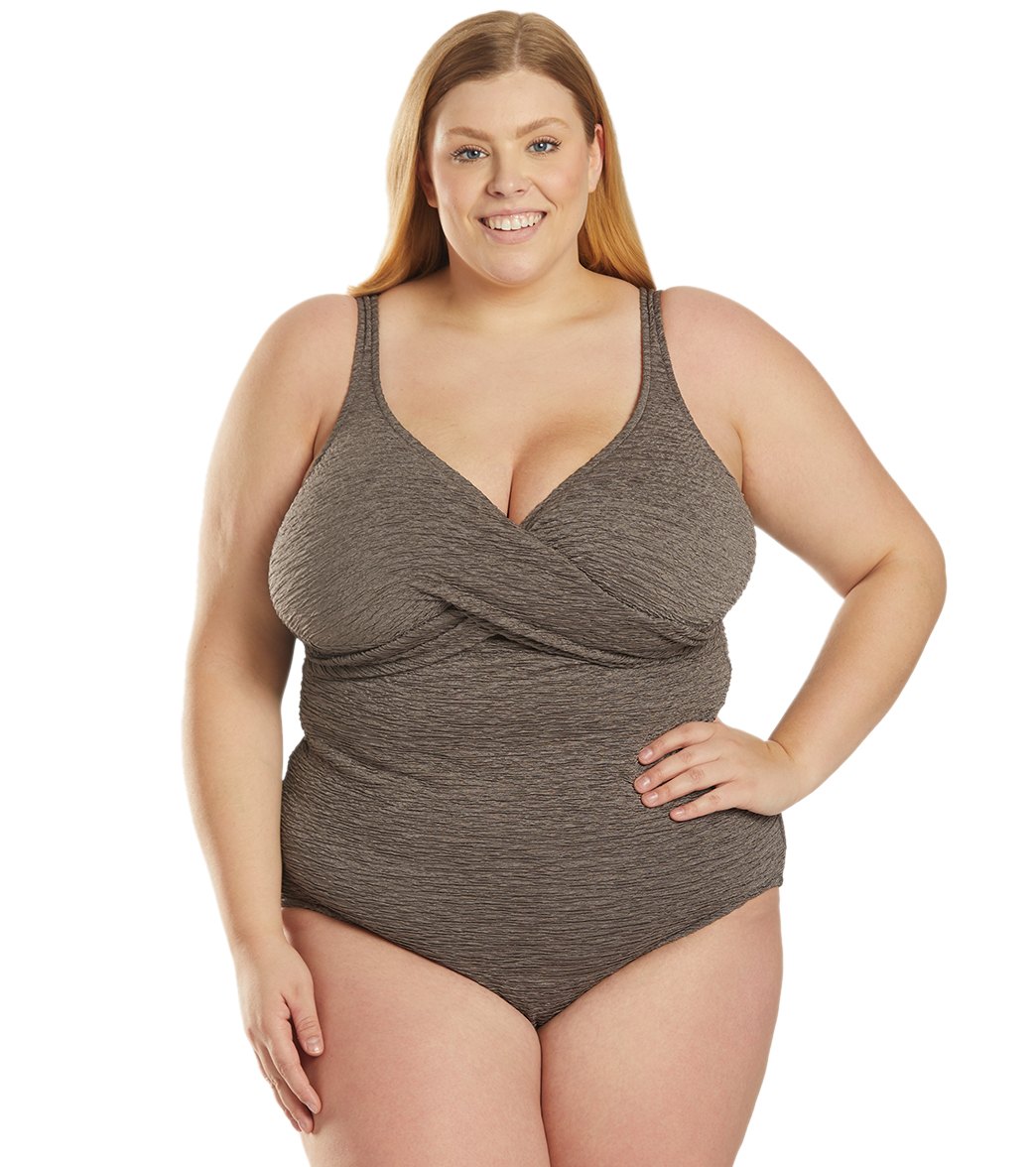 Penbrooke Krinkle Plus Size Chlorine Resistant One Piece Cross Over Swimsuit