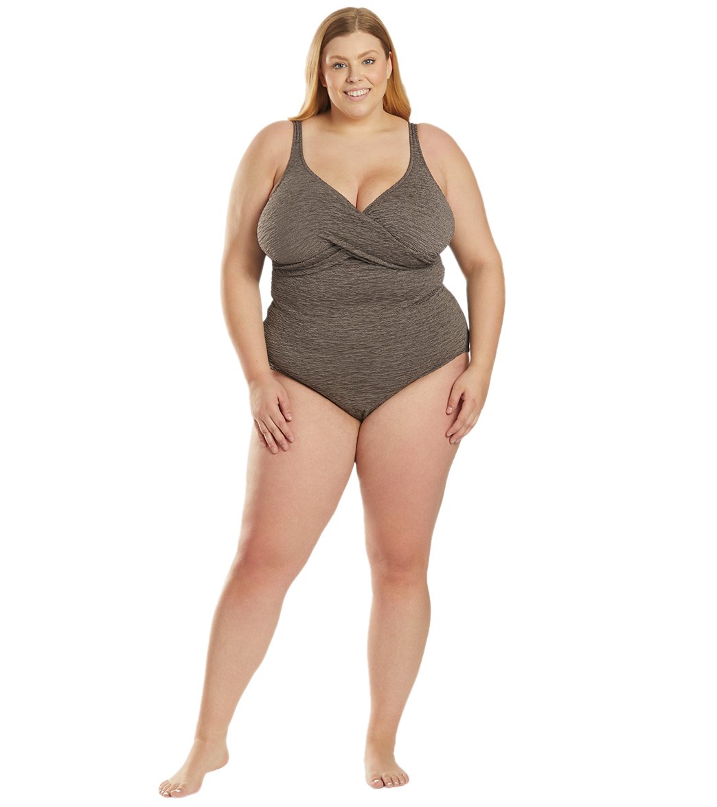 Penbrooke Krinkle Plus Size Chlorine Resistant One Piece Cross Over Swimsuit