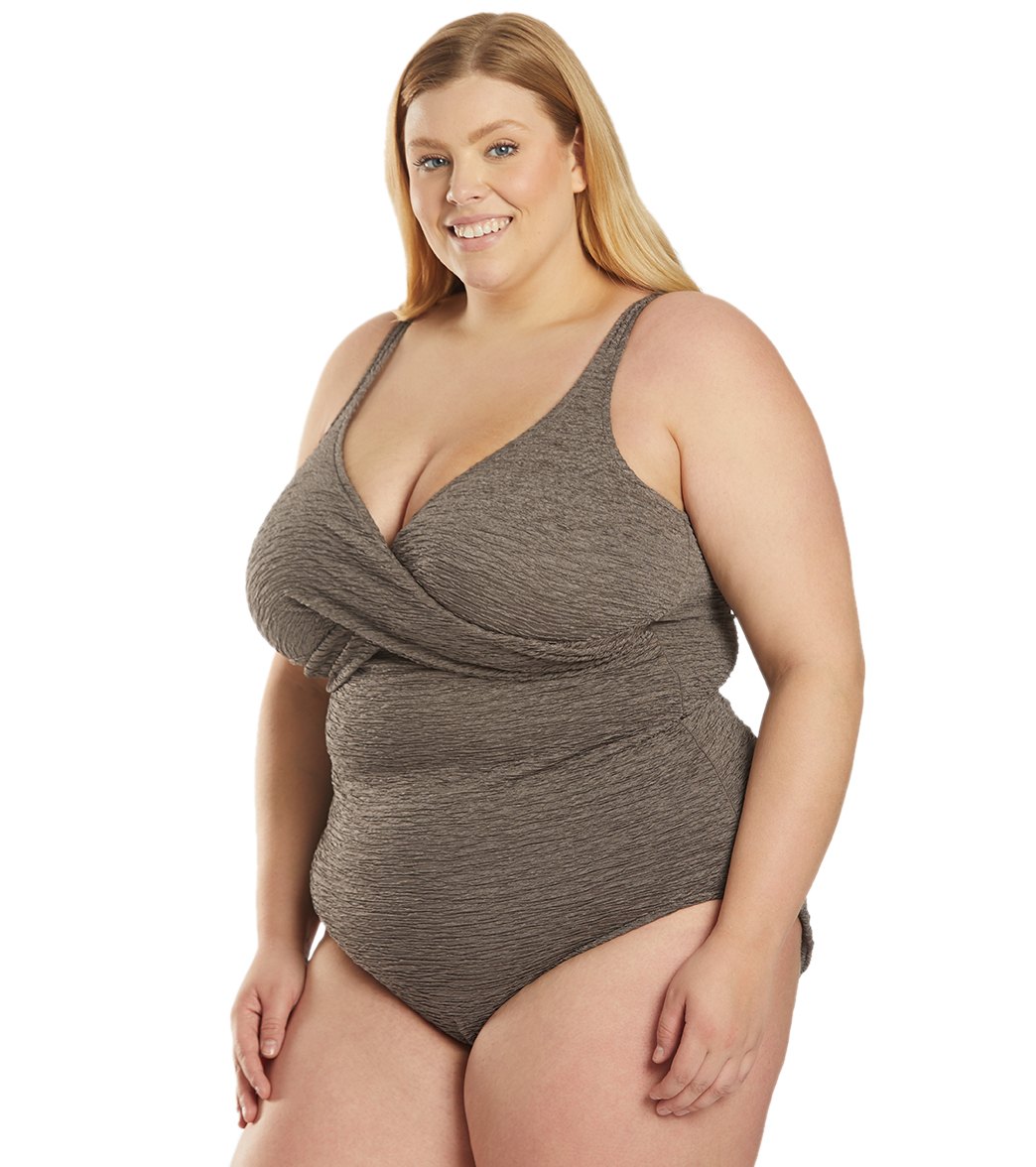 Penbrooke Krinkle Plus Size Chlorine Resistant One Piece Cross Over Swimsuit