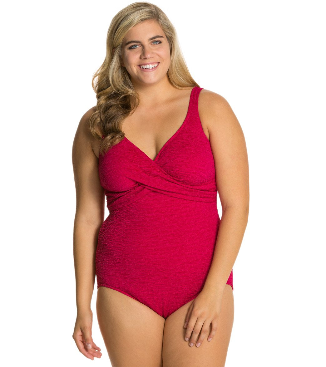 Penbrooke Krinkle Plus Size Chlorine Resistant One Piece Cross Over Swimsuit