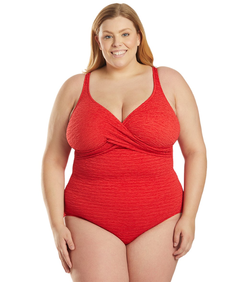 Penbrooke Krinkle Plus Size Chlorine Resistant One Piece Cross Over Swimsuit