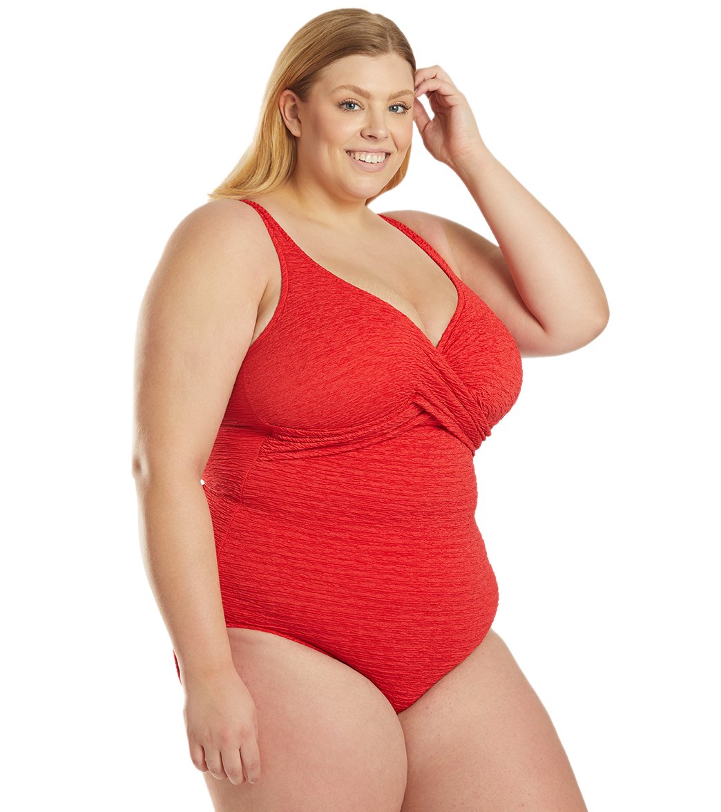 Penbrooke Krinkle Plus Size Chlorine Resistant One Piece Cross Over Swimsuit