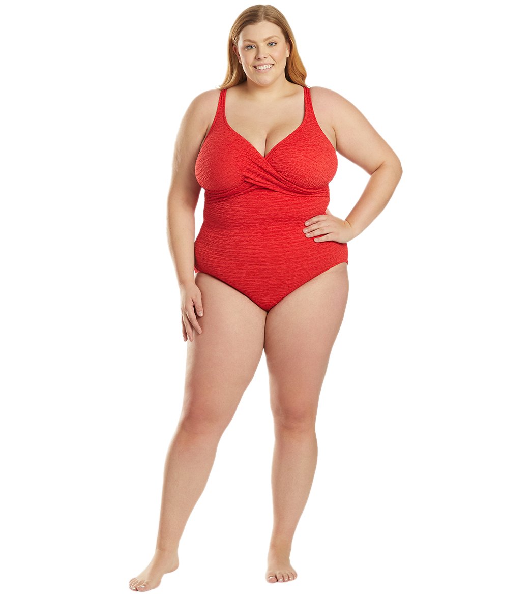 Penbrooke Krinkle Plus Size Chlorine Resistant One Piece Cross Over Swimsuit