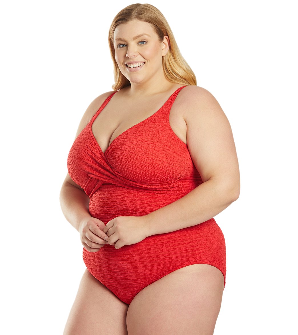 Penbrooke Krinkle Plus Size Chlorine Resistant One Piece Cross Over Swimsuit